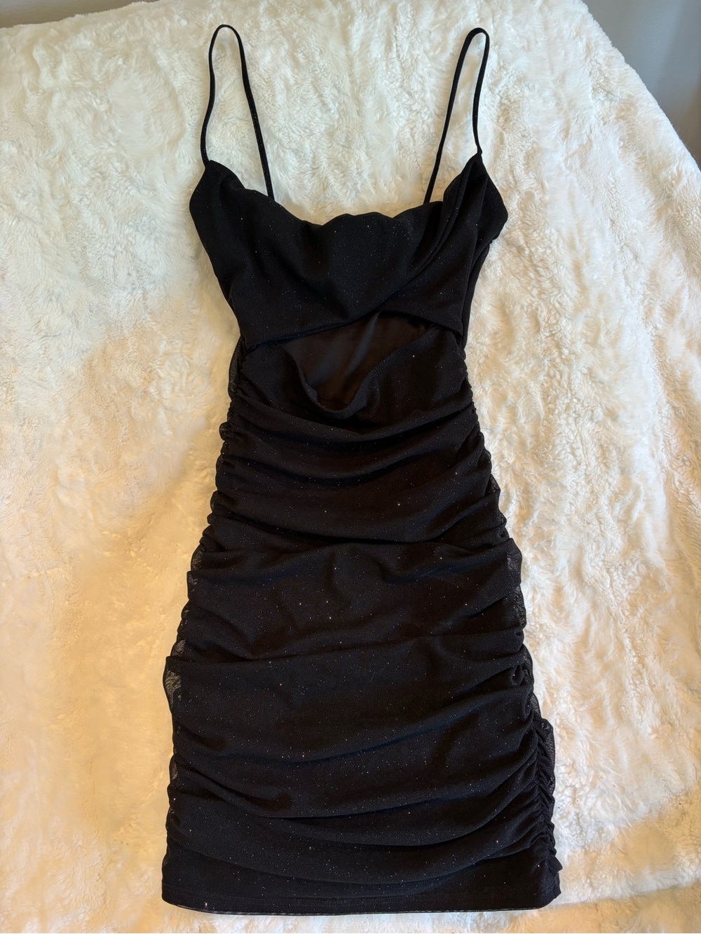 Windsor Black Sparkle Ruched cut out Mini Dress with Spaghetti Straps